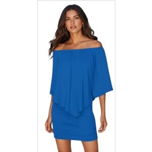 Polyester Off-Shoulder Bodycon Mini Dress, Bodycon Batwing Bkue Dress, (L)